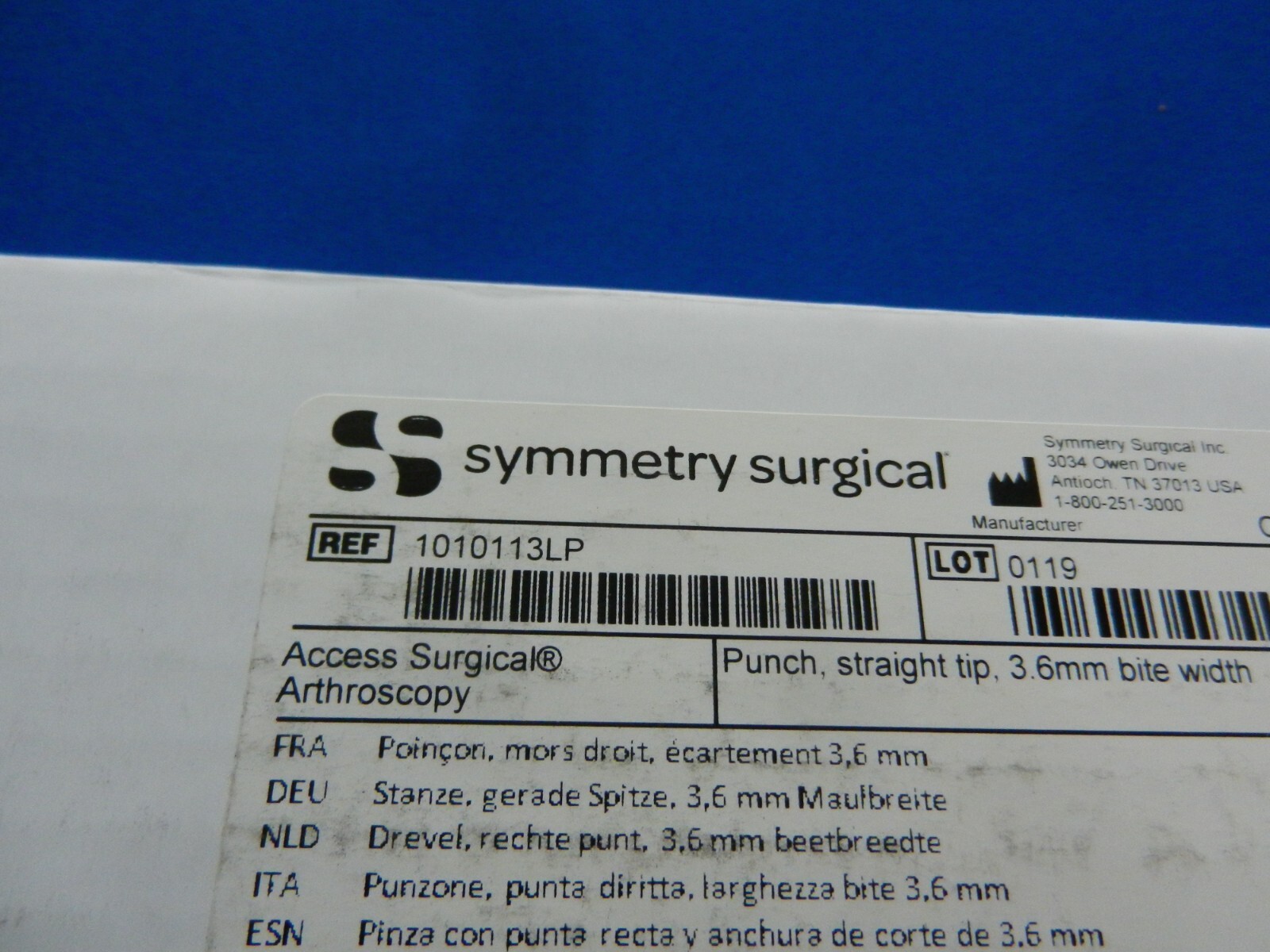 F11 Symmetry Surgical Arthroscopy Arthroscopic Punch Straight Tip 3.6mm Bite