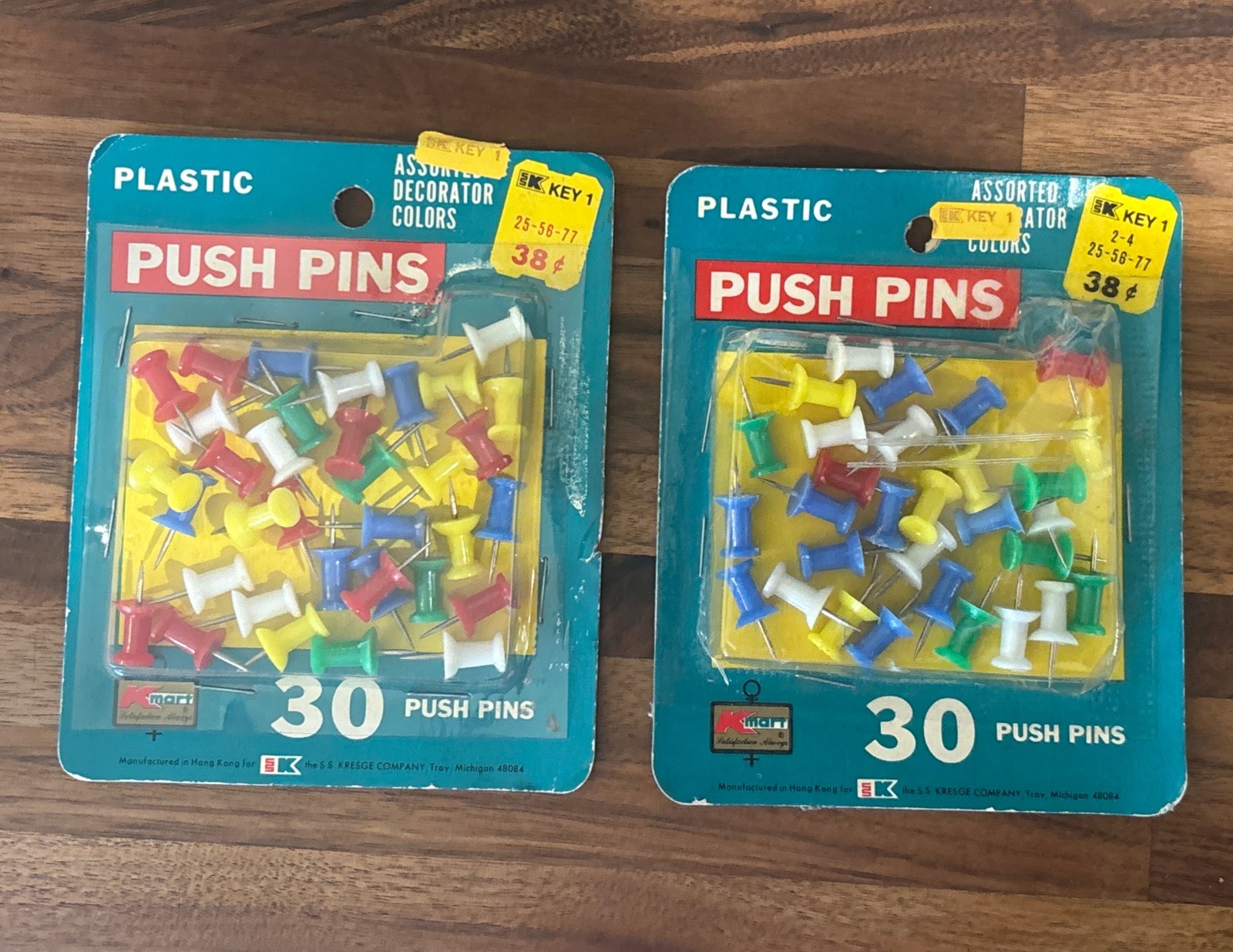 Vintage Kmart Push Pins 60 Ct (2×30) Hong Kong NOS 1970s Office Supply Sealed