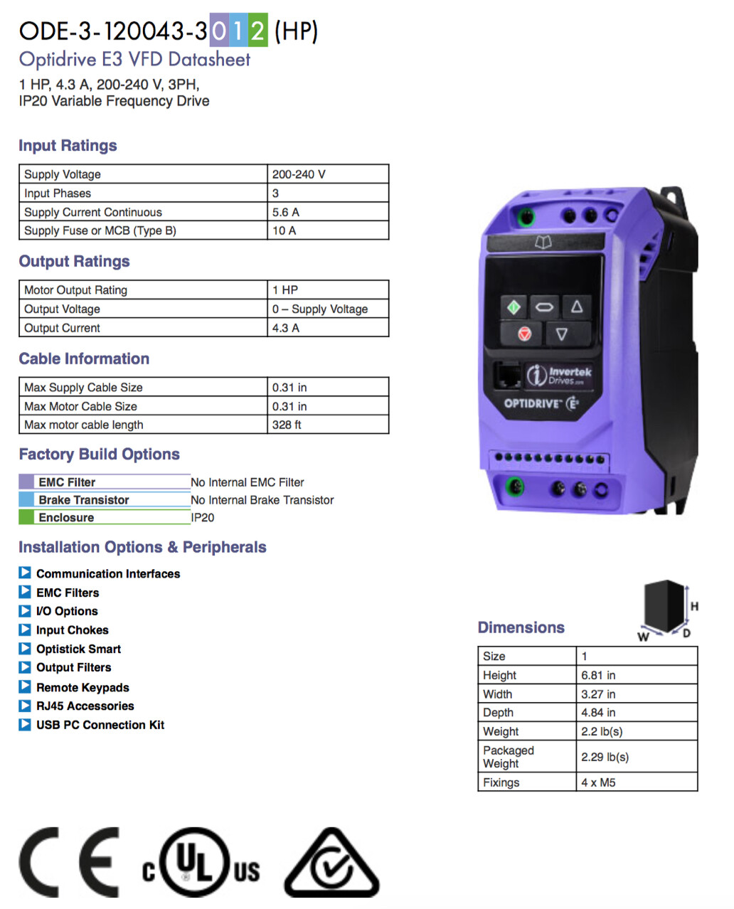 ODE-3-120043-3012 – Invertek VFD – 1HP 4.3A 200V-240V 3Ph/3Ph – VFDexchange