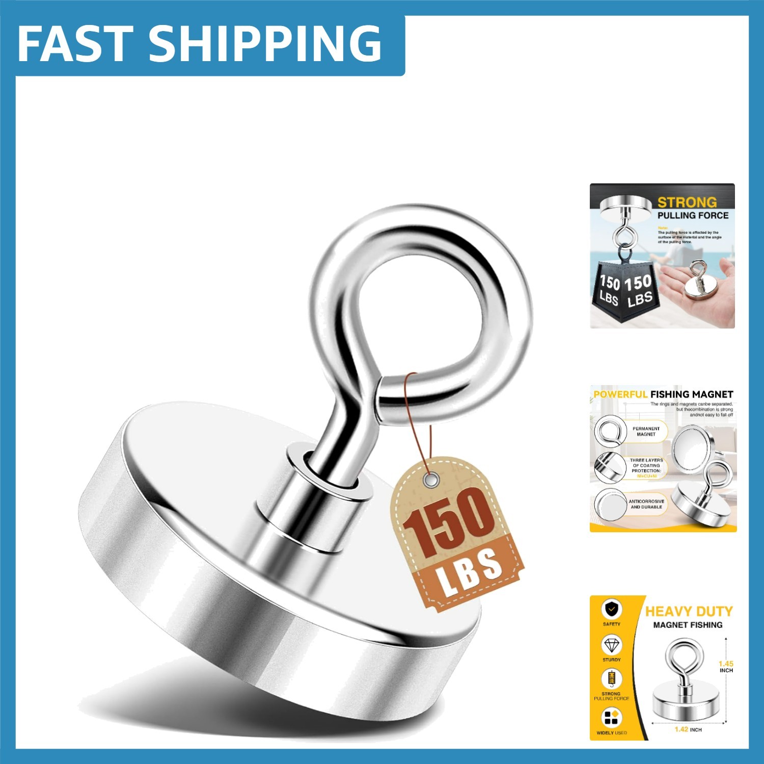 Alloy Steel 1.42» Fishing Magnet with 150lbs Pull Power for Water Retrieval