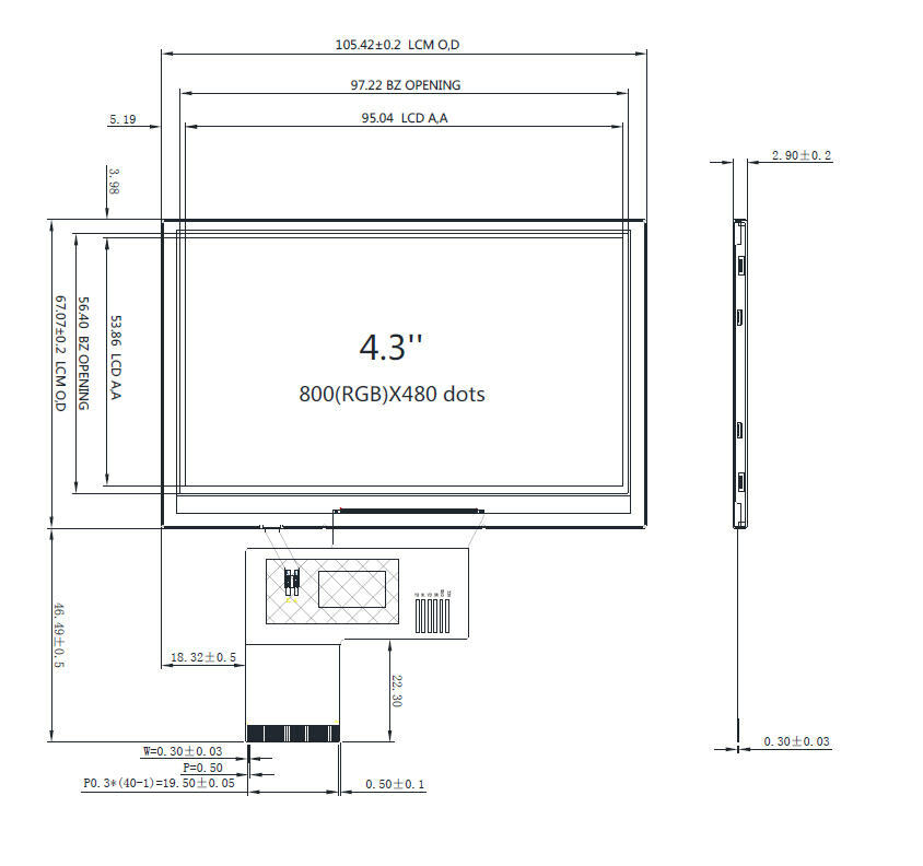4.3″ inch 800×480 IPS TFT LCD Module All Viewing Optional TouchScreen Display