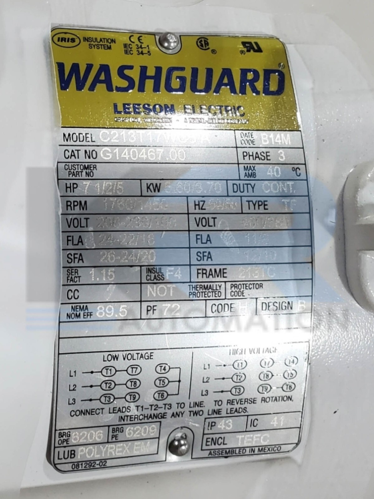 NEW Leeson G140467.00 Washguard Washdown Duty Motor 7-1/2/5HP 1760/1450RPM 3Ph