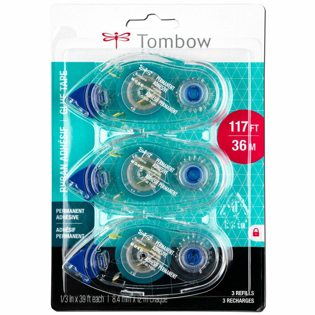 Tombow Mono Permanent Adhesive Refill 62207, 1/3″ x 39′, 3 Packs of 3 Refills