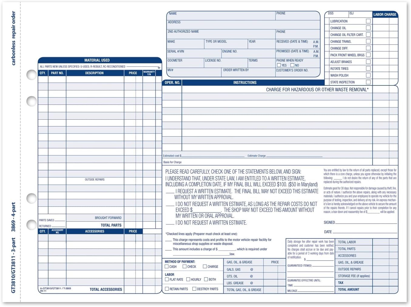 Garage Repair Order Forms, 8.5 X 11 Inch, 3 Parts, 250-Count, White and Canary a