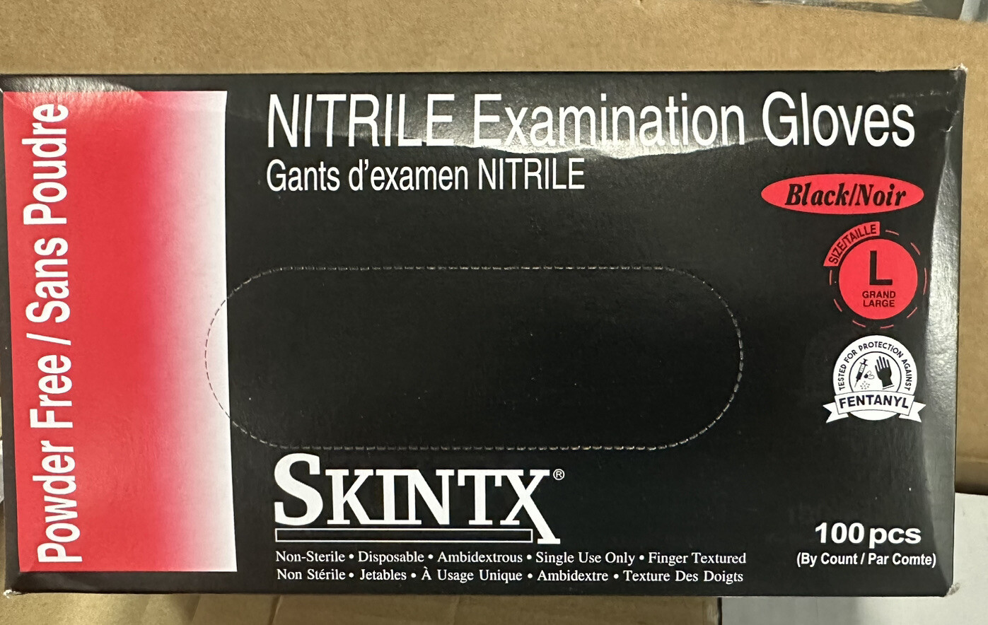 SKINTX BLACK NITRILE EXAM PF GLOVES – LARGE