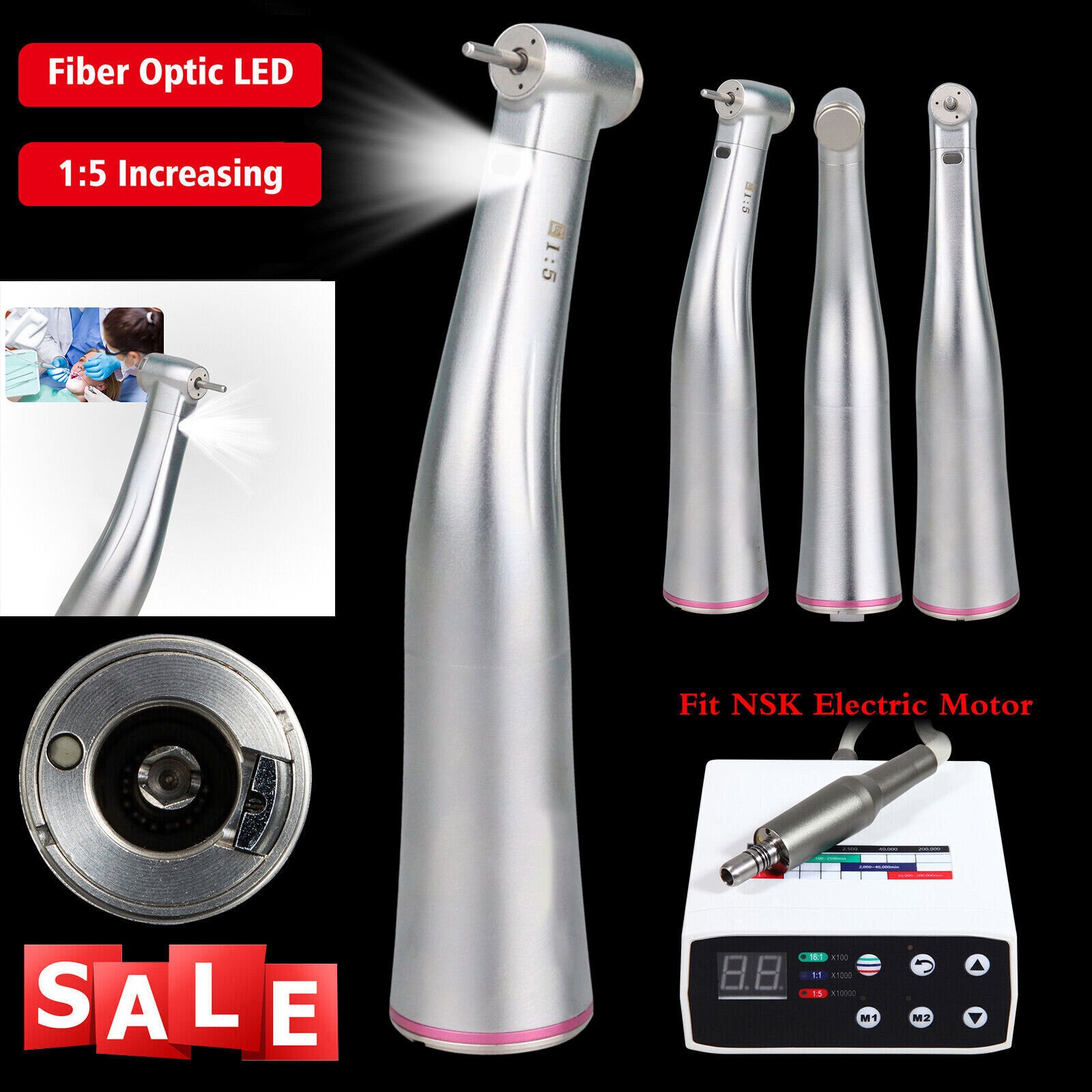 Dental 1:5 Fiber Optic LED Contra Angle Increasing Handpiece Fit NSK E-Type USA