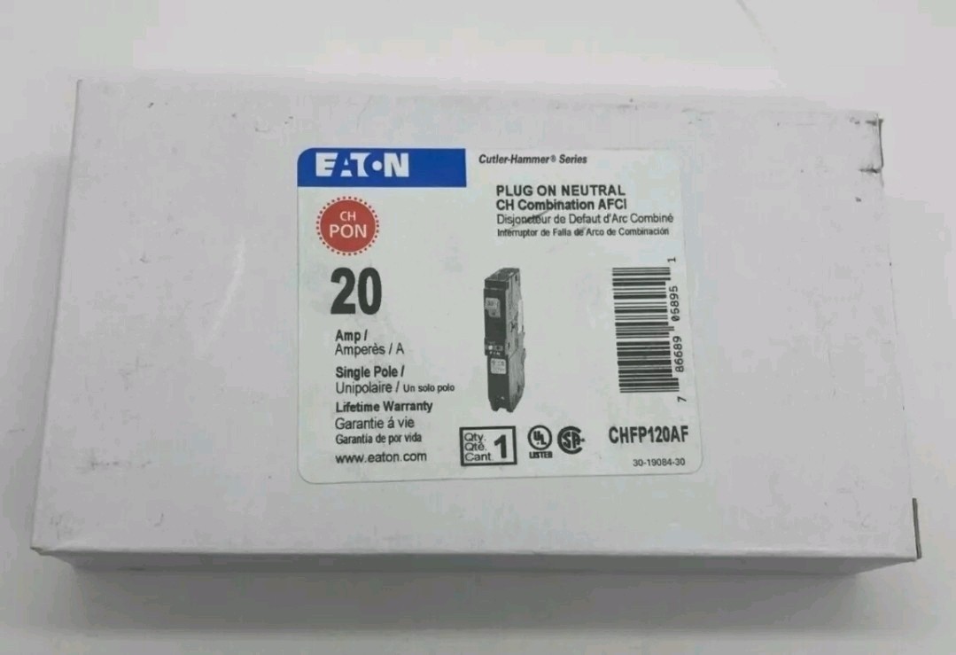 Eaton CHFP120AF 20 Amp 1 Pole 120V Plug On Neutral Combination AFCI Breaker New