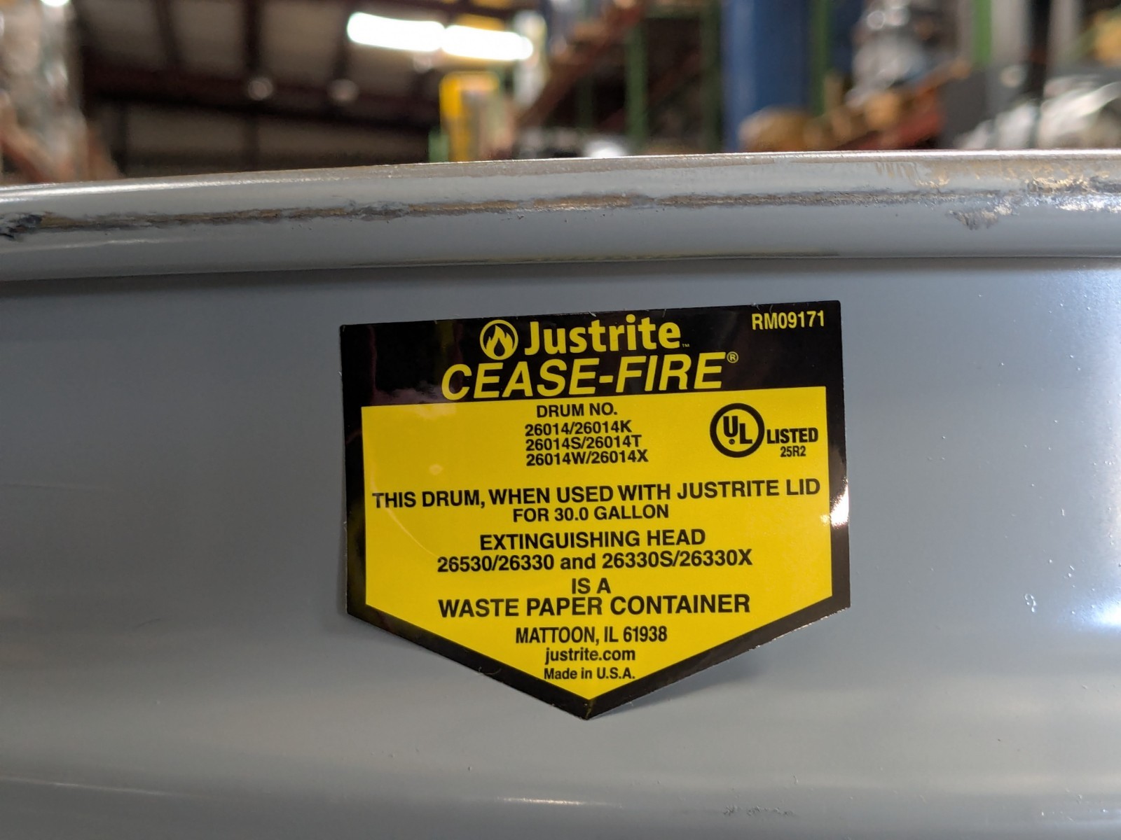 Justrite Cease-Fire Waste Receptacle 30 Gallon Steel Safety Can 26430