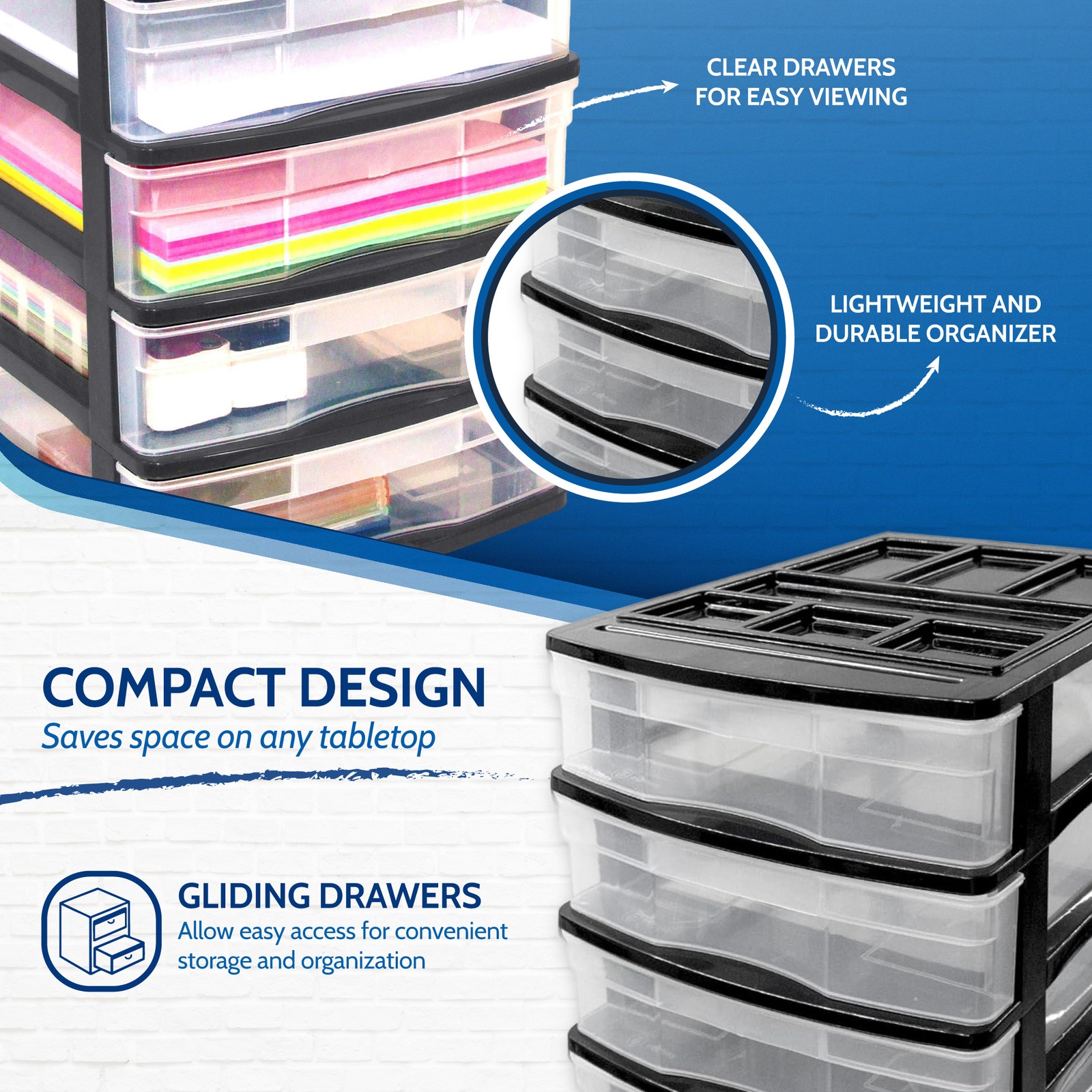 Gracious Living 4 Drawer Desktop Countertop Storage with Organizer Lid, Black