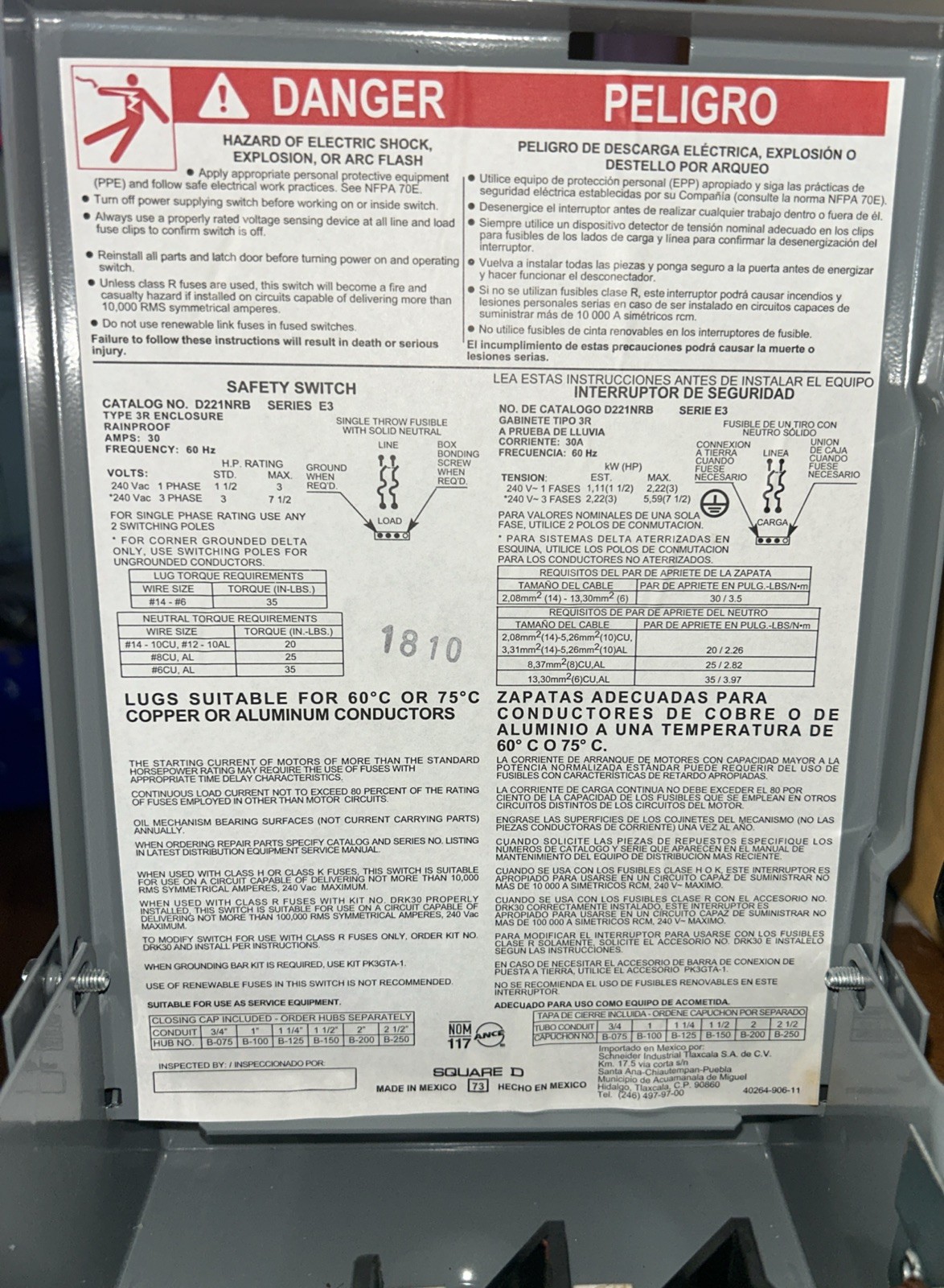 Square D D221NRB General Duty Safety Switch 240VAC 30A 2P.NEW!FREE SHIPPING! G7