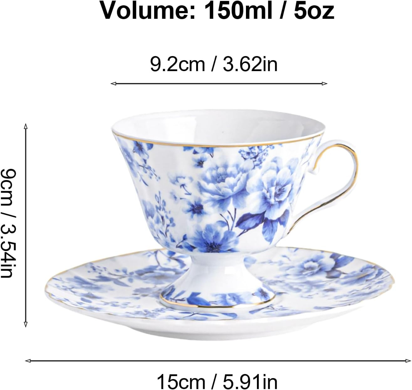 Blue and White Roses Tea Cup and Saucer, 5 Ounces Retro Floral Coffee Cup, Vinta