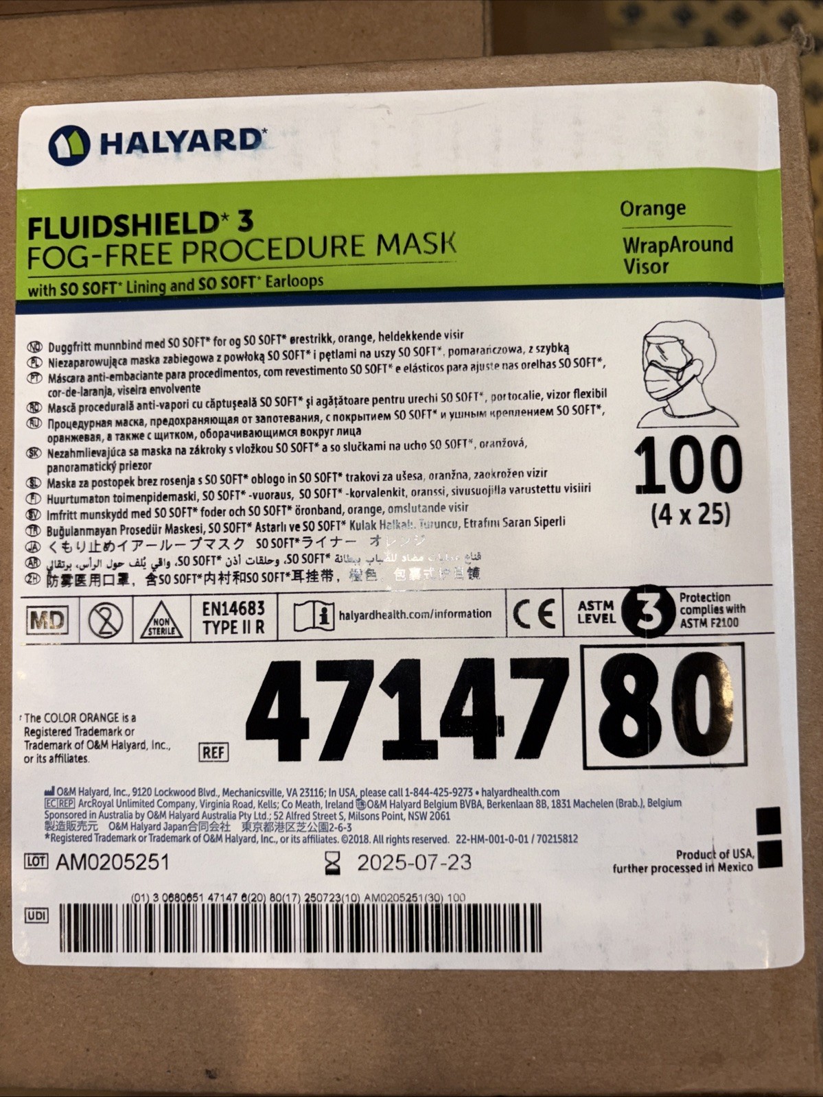 Halyard 47147 Fog-Free FluidShield Procedure Mask Pleated, Earloops ASTM Level 3
