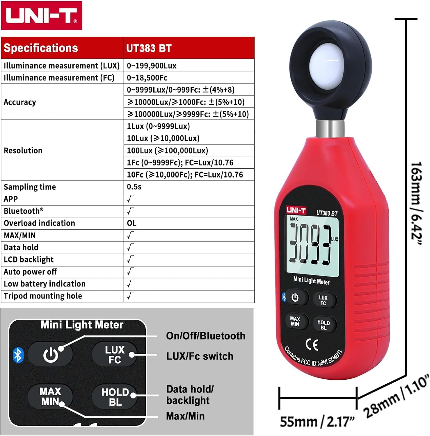 UNI-T Digital Bluetooth Illuminometer Light Meter Luxmeter 199900Lux UT383BT