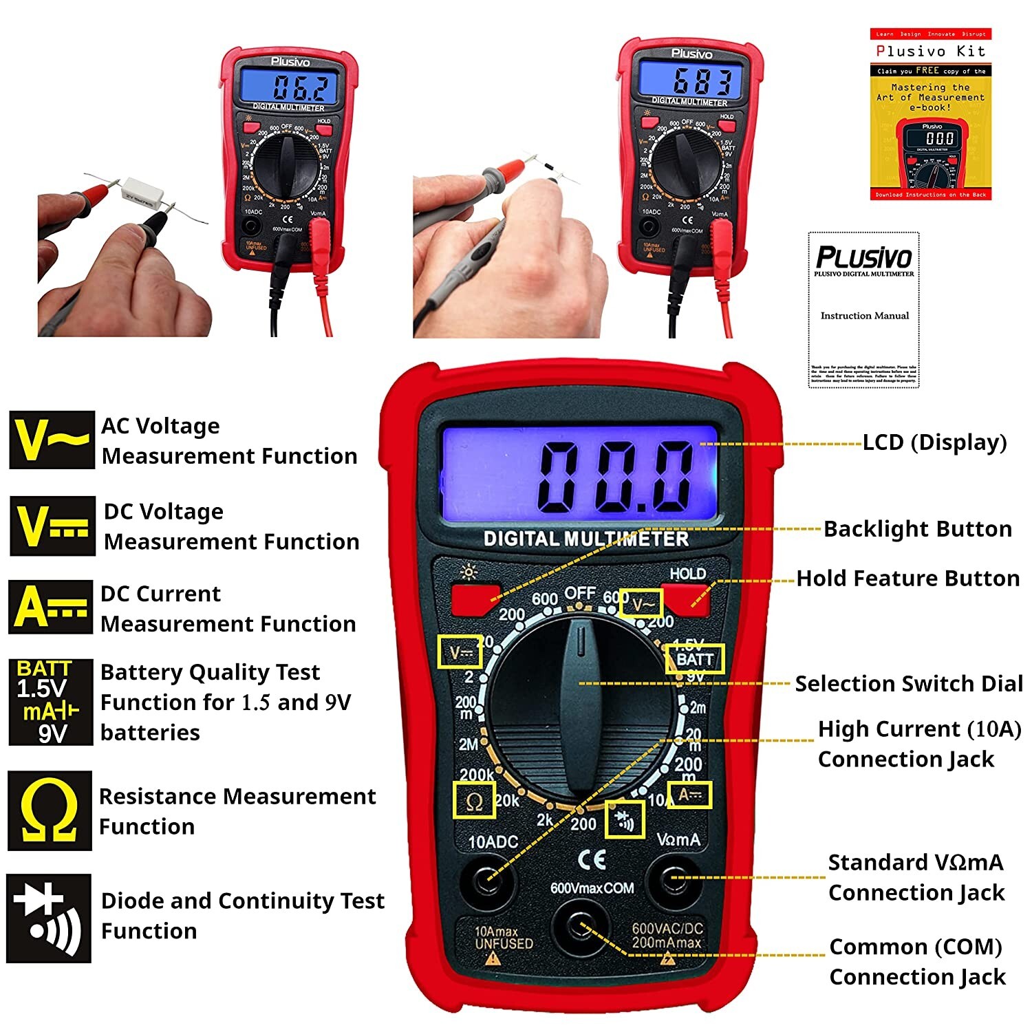 Plusivo Digital Multimeter Measuring Voltage Resistance Current Meter AC DC