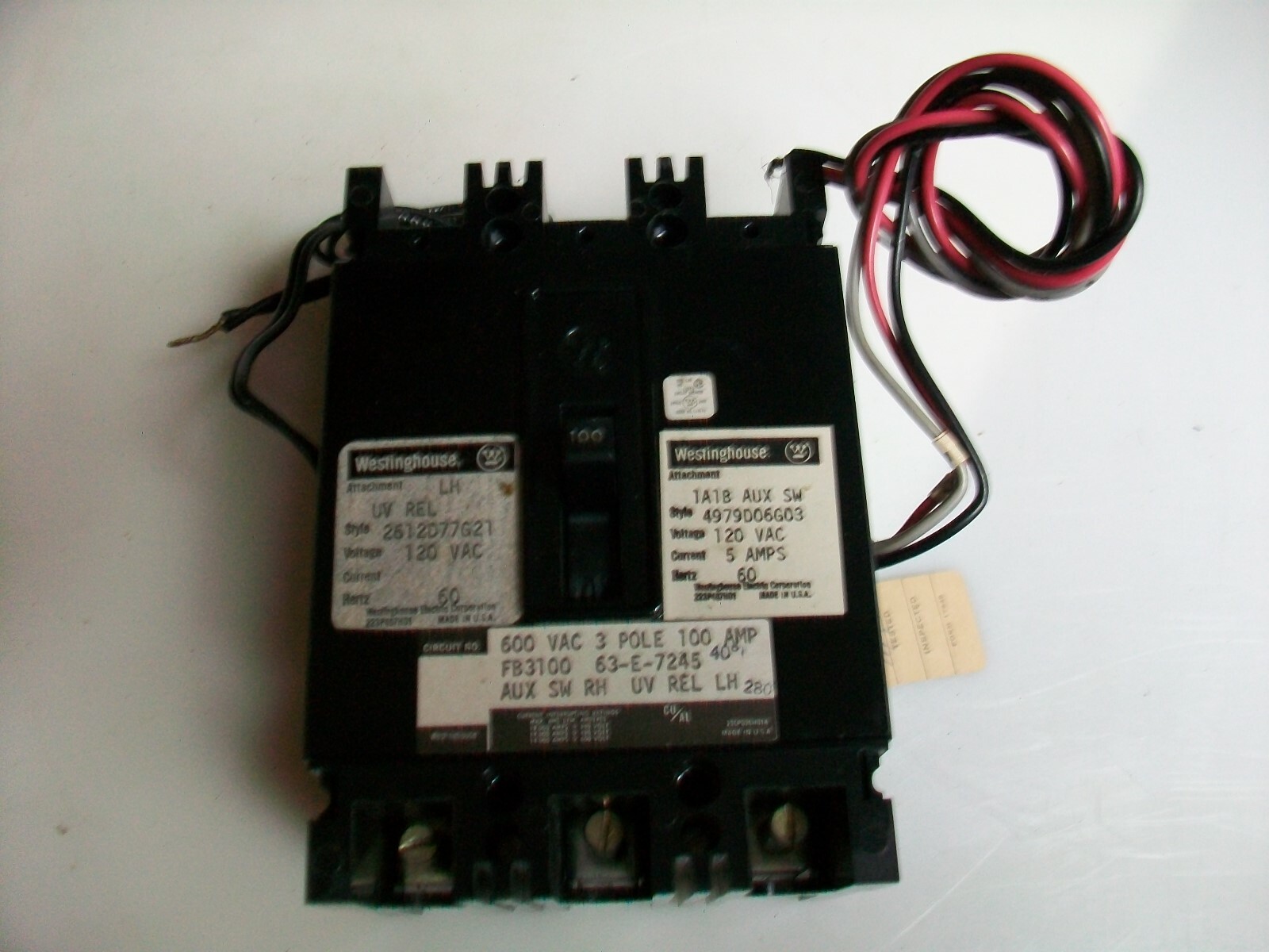 WESTINGHOUSE FB3100 100 A 3P 600 V. Ac. CIRCUIT BREAKER W/1A-1B AUX SW. AND