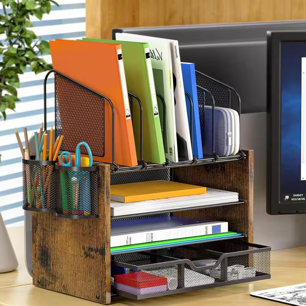 Brown 13.5 In. X 16.3 In. Metal Desk Organizers with 5 Vertical File Holders and