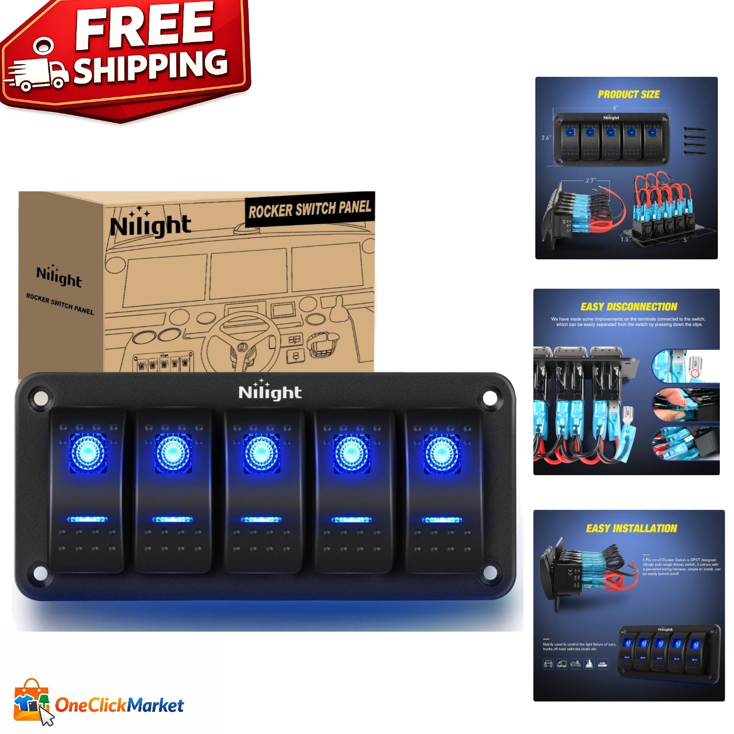 Customizable Pre-Wired 5 Gang Rocker Switch Panel for Automotive & Marine Use