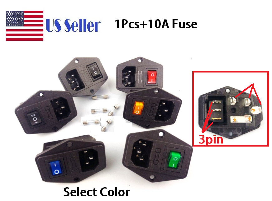 IEC320 10A 120V Inlet Module Plug Fuse Switch Male Power Socket