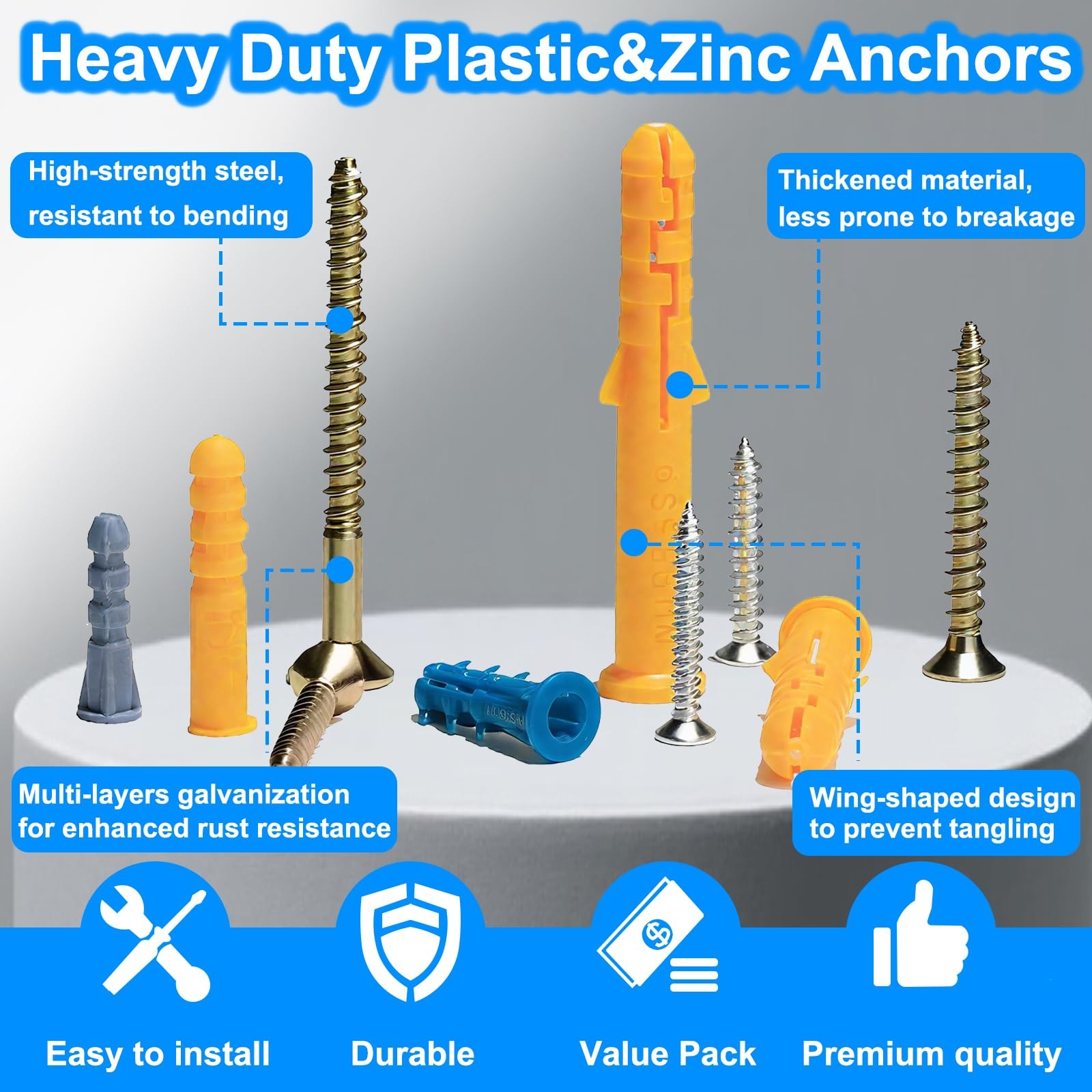 136PCS Drywall Anchors and Screws Assortment Kit, 68Plastic Yellow Blue Gray