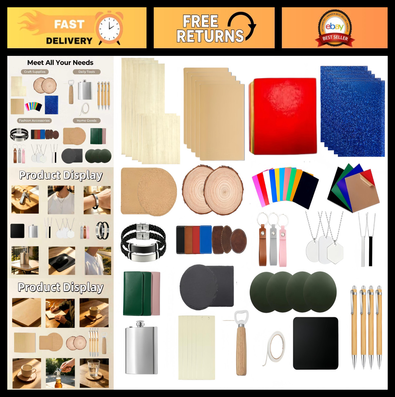 136 PCS Laser Engraving Material Kit – 22 Types Wood, Acrylic, Metal, Leather Bl