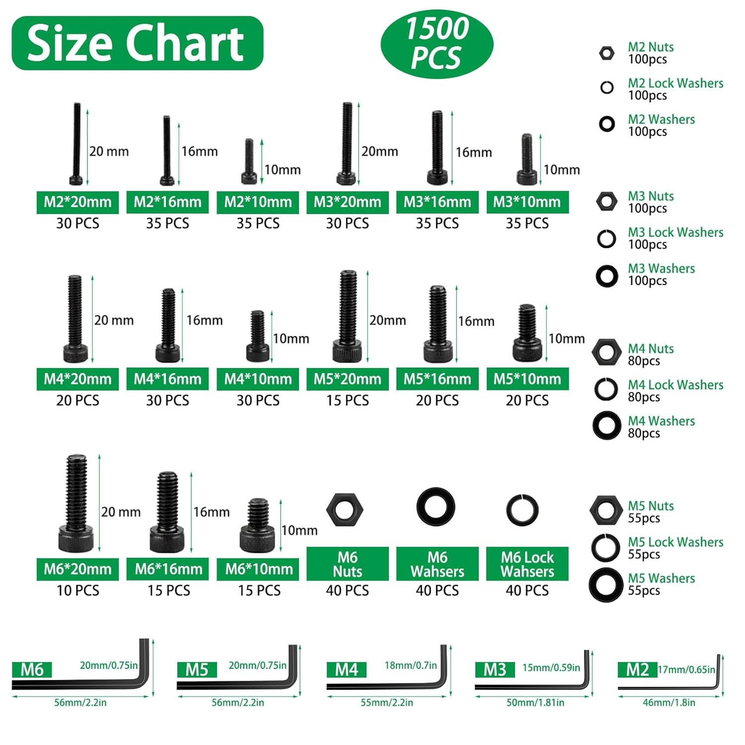 1500PCS Metric M2 M3 M4 M5 M6 Socket Head Cap Screws Nuts and Washers Assortment