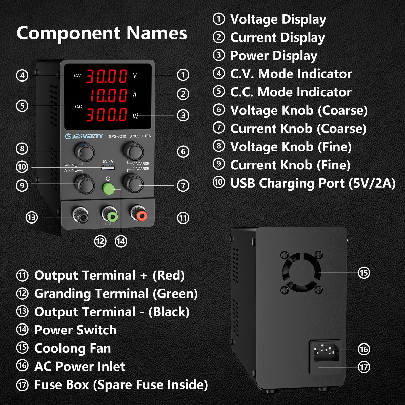 30V 10A Variable DC Power Supply, 4-Digit LED, USB Port, Coarse/Fine Adjust
