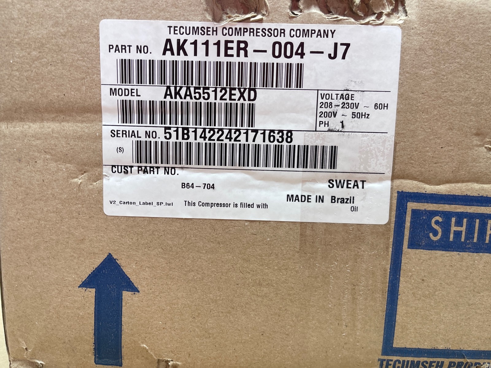 Tecumseh AK111ER-004-J7 AKA5512EXD 1HP R-22 208-230V 60Hz 1-Phase 208-230V 60Hz