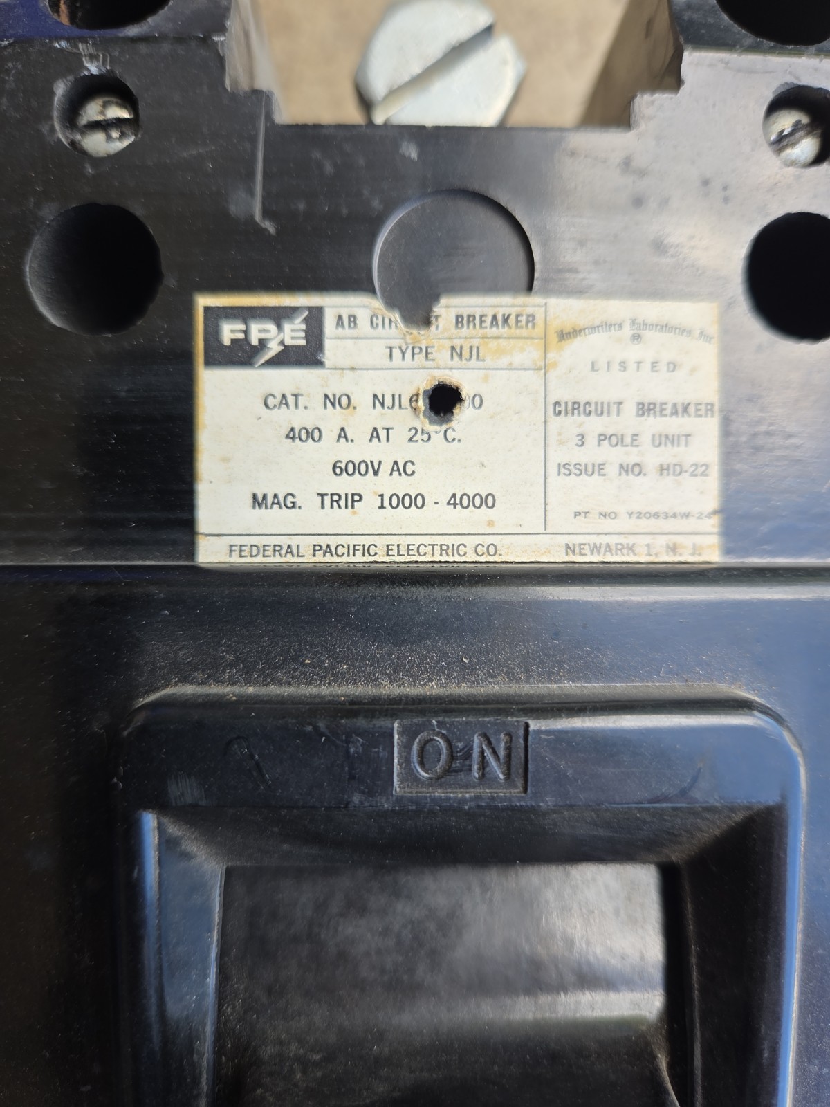 FEDERAL PACIFIC 400 AMP CIRCUIT BREAKER 3 POLE 600 VAC NJL 3P 400A FPE