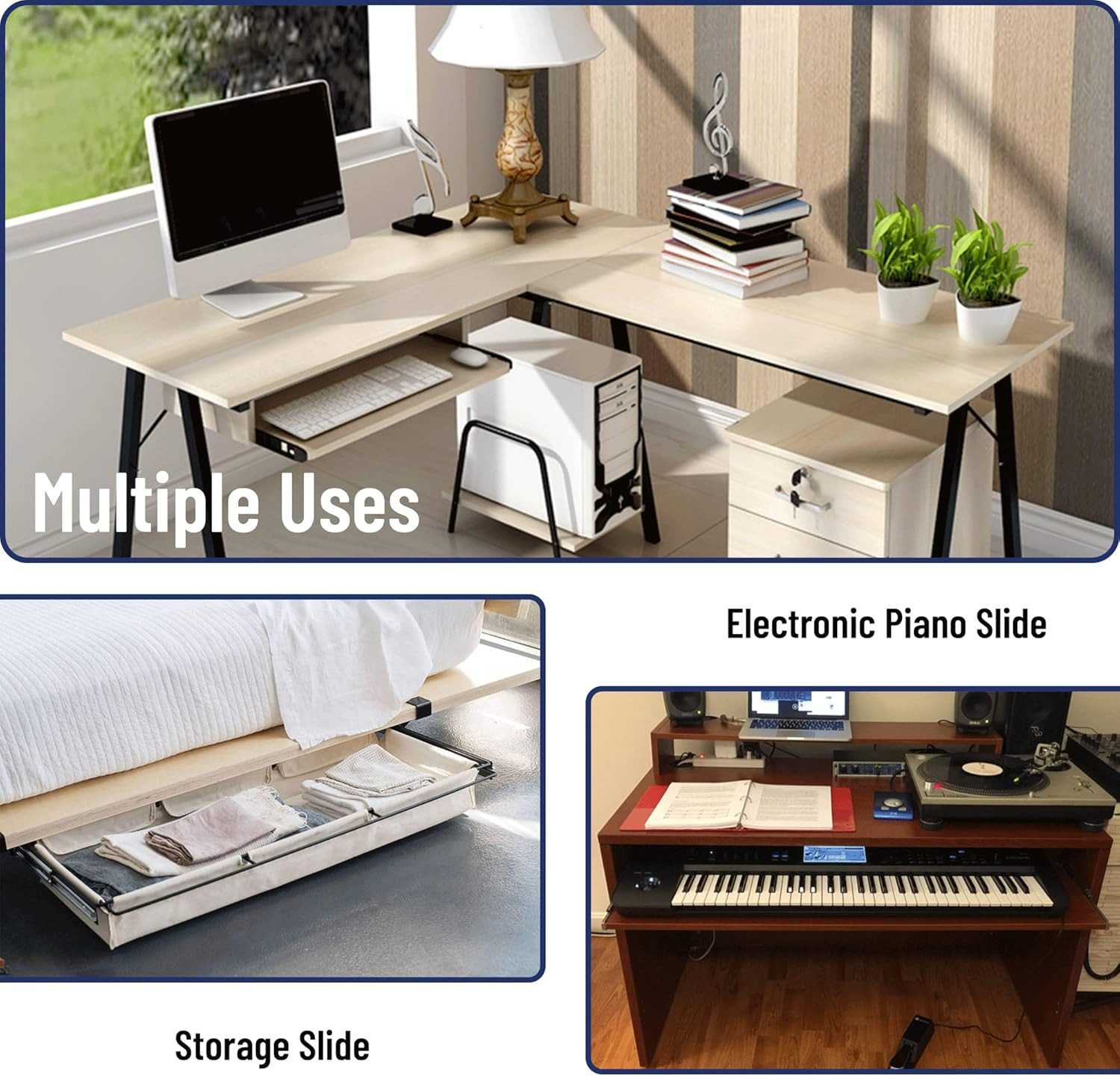 14″ Keyboard Slide Heavy Duty Ball Bearing Slides Computer Tray Under Desk Rails