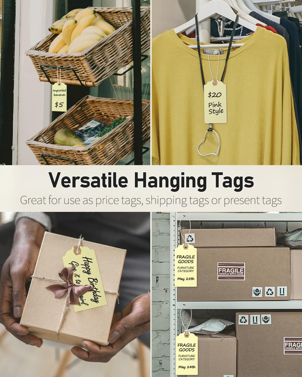 Uniclife 72 Pcs Blank Shipping Tags with Elastic String 4.7″ x 2.36″, Beige