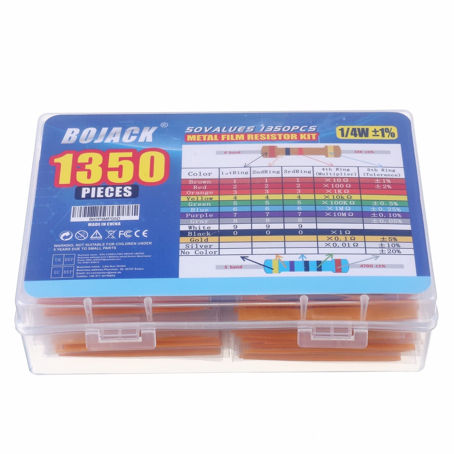 BOJACK 1350 Pcs 50 Values Resistor Kit 0 Ohm-5.6M Ohm with 1% 1/4W Metal Film