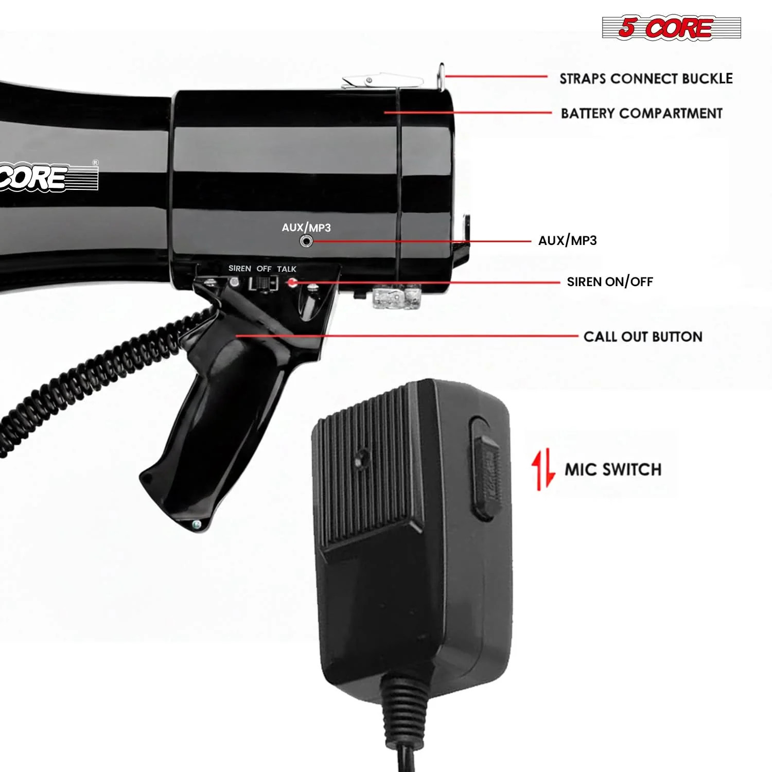 5 Core Megaphone Bullhorn 50W Speaker w Handheld Mic Shoulder Strap Loud Audio