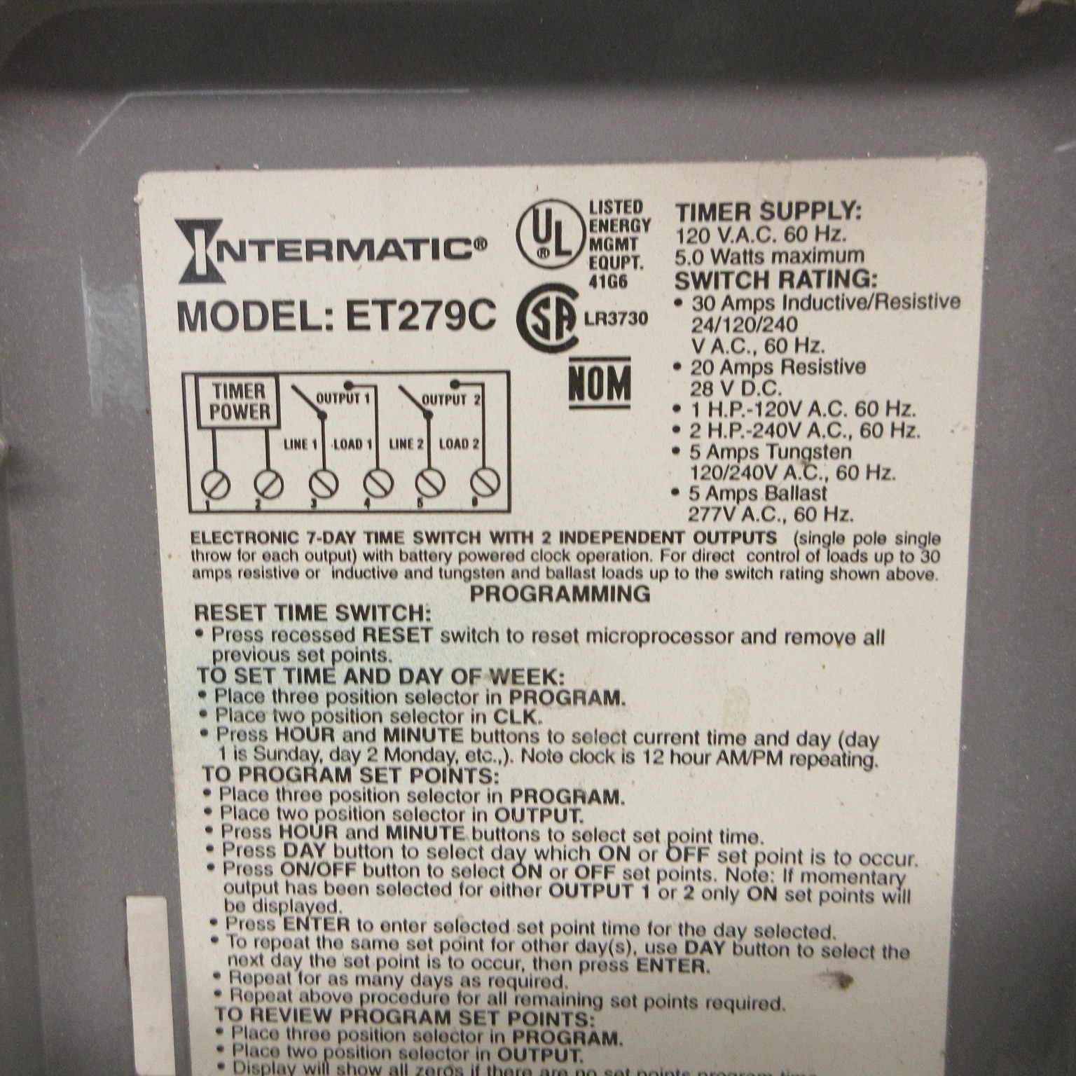 Intermatic Model ET279C Timer Counter 120VAC 60HZ 5.0 Watts Max Hour Minute Day