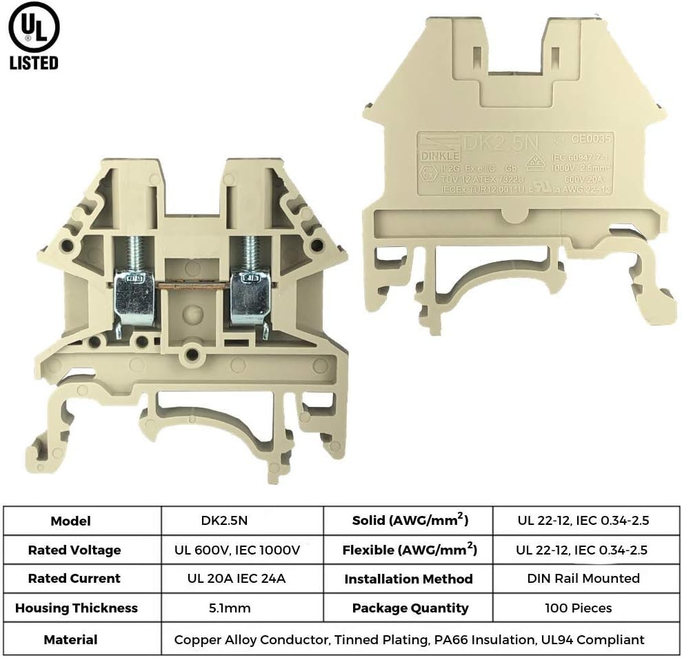 81 Count DK2.5N Dinkle DIN Rail Mount Terminal Blocks Beige 20Amp 600V 22-12 AWG