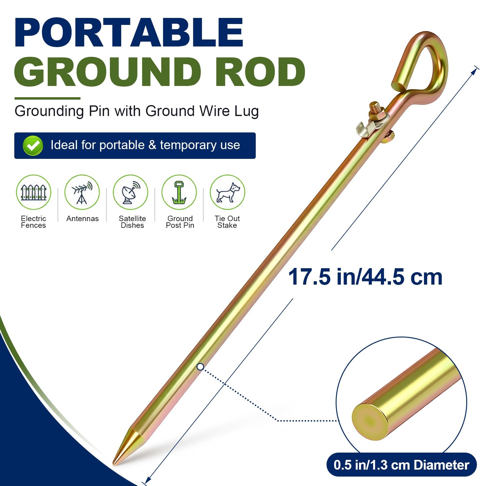 Gecyfit Portable Grounding Rod – 17.5″ Solid Steel Ground Rod for Electric Fe…