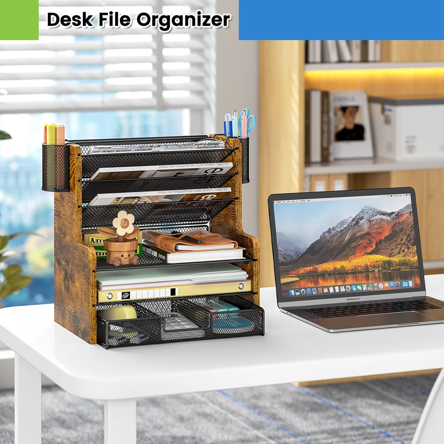 6-Tier Mesh Desk Organizer with Drawer, Wooden Office Organizer for Papers, Fold