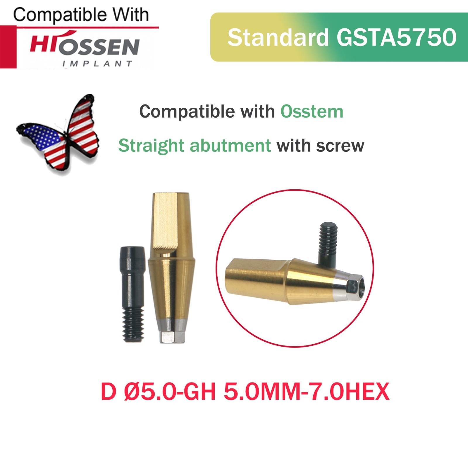 Dental Straight Transfer Abutment Regular Ø5.0 mm Hex GH 1–6 mm Hiossen/Osstem