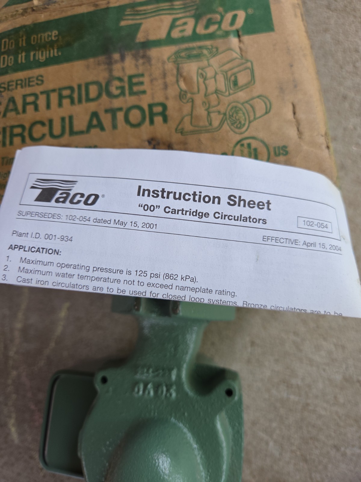 Taco 007-F5 Cartridge Circulator Pump Cast Iron 115V 1/25 hp 00 Series (Shed)