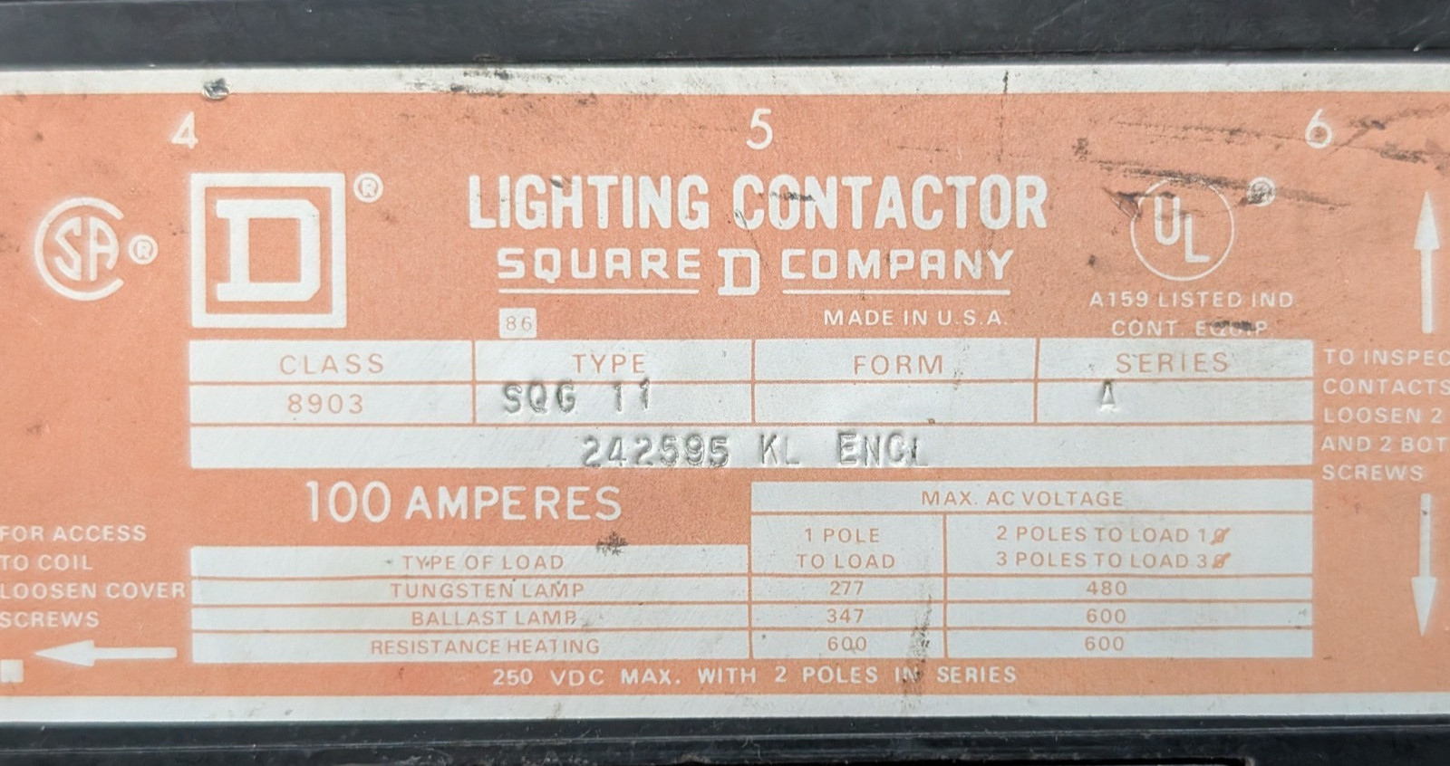 Square D 8903 SQG-11 Lighting Contactor 100A 3-Pole 120V Electrically Held w/Aux
