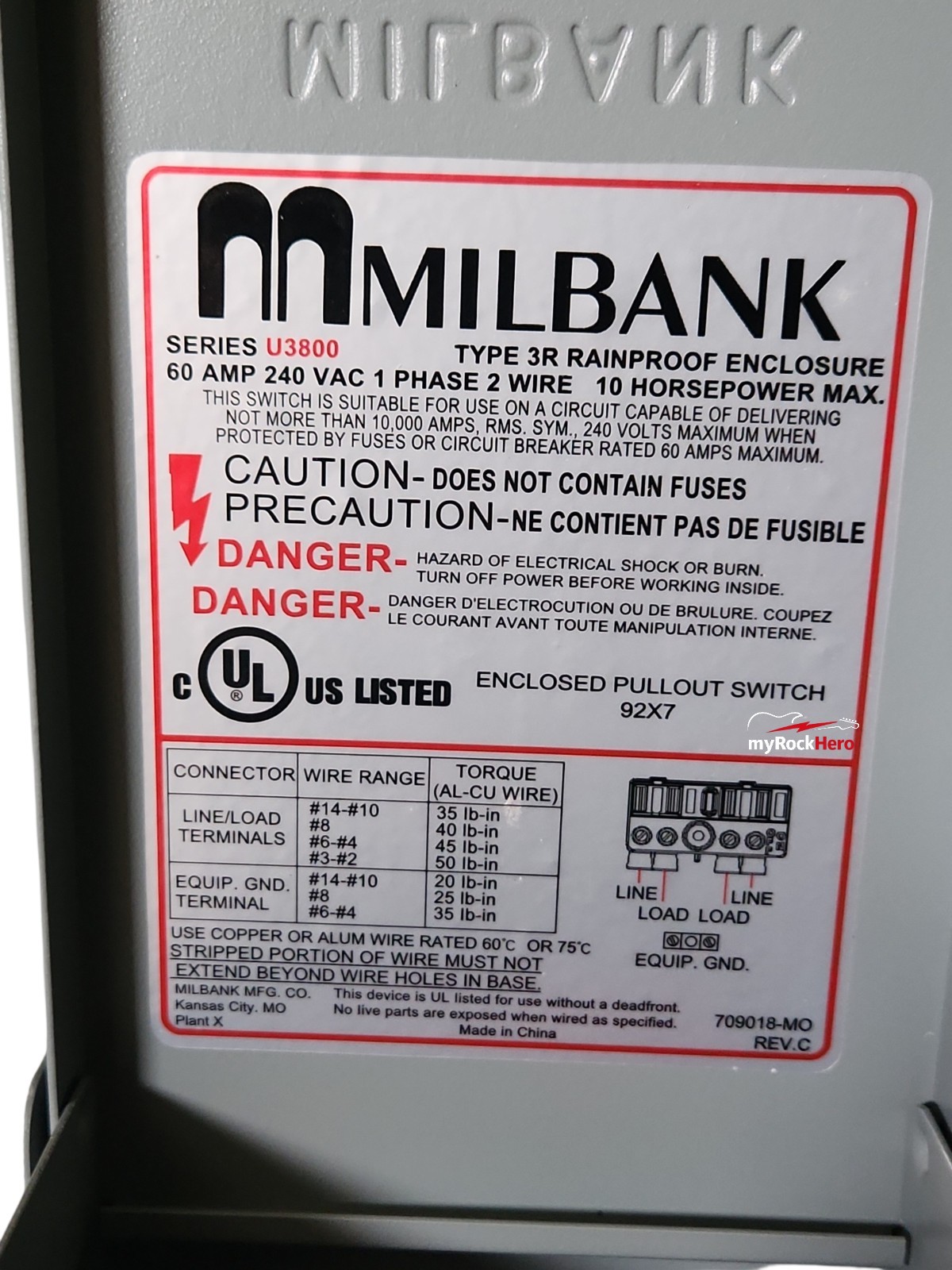 MILBANK U3800 Non-Fused PULL-OUT SWITCH Hi QUALITY 60 AMP 1 240 VAC New