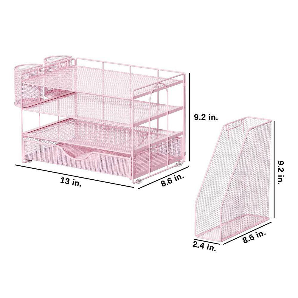 Pink 15.5 In. X 9.2 In. Metal Modern Desk File Holder with Drawer and 2 Pen Hold