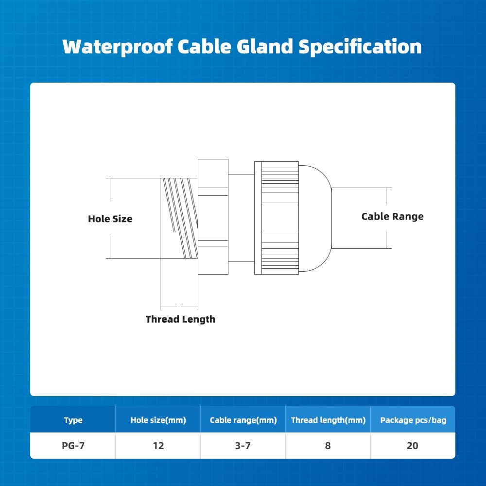 Cable Gland 20 Pack PG7 Waterproof Adjustable Connectors 3-7mm Nylon Joints