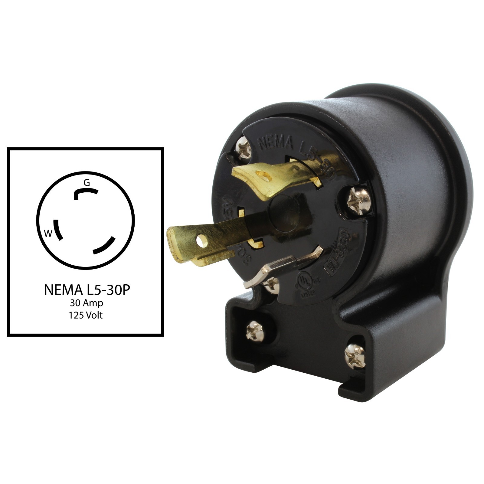 AC WORKS® Right Angle NEMA L5‑30P Plug, 30A 125V Locking Male 3-Prong