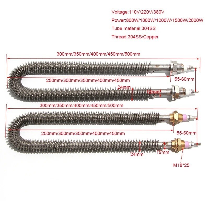 Finned Tubular Heater U Type Air Heating SS Element 304SS 0.8-2KW M18X25mm Oven