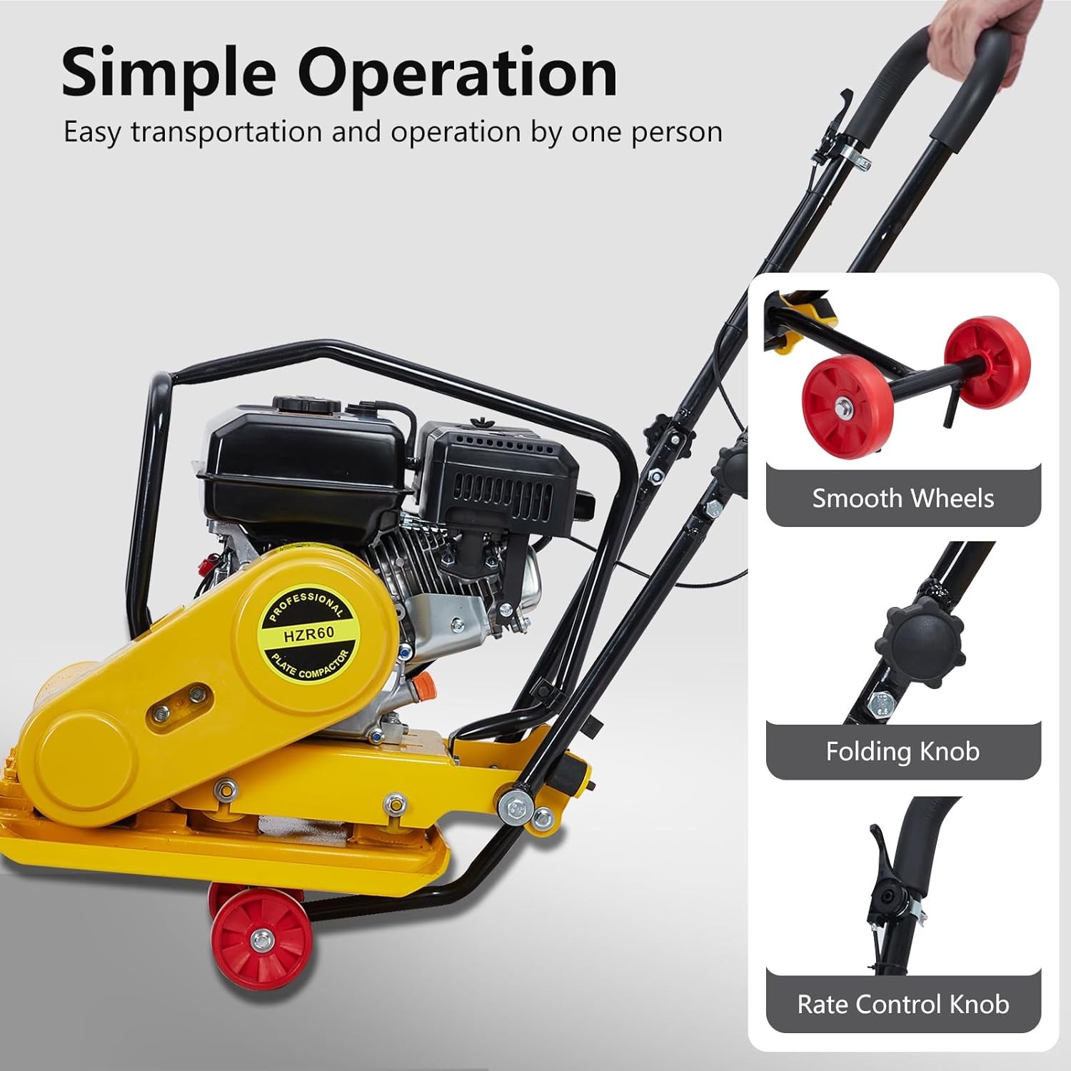 🔥7HP Plate Compactor, 212CC Gas-Powered Jumping Jack Tamper with Wheels, 22.1