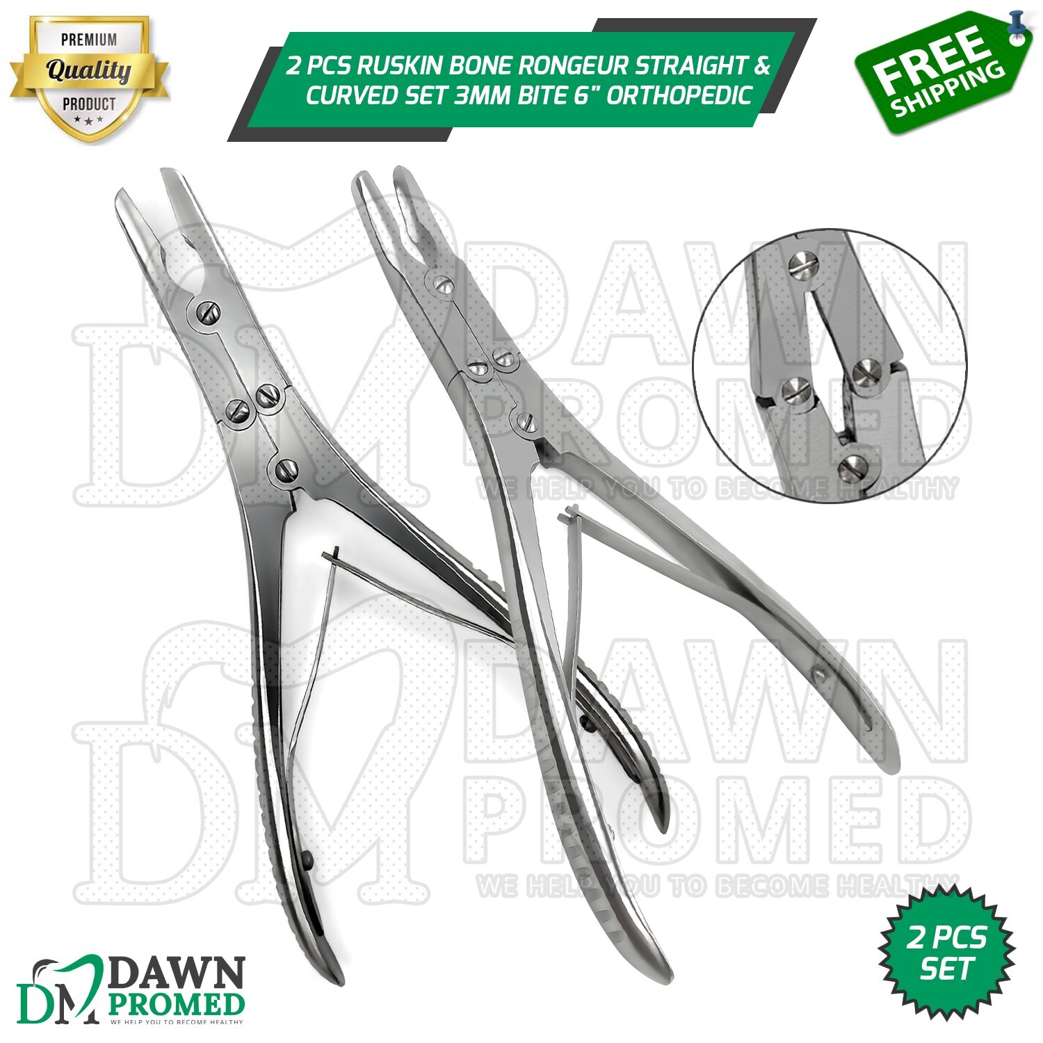 2 Pcs Ruskin Bone Rongeur Straight & Curved Set 3mm Bite 6″ Orthopedic German Gr