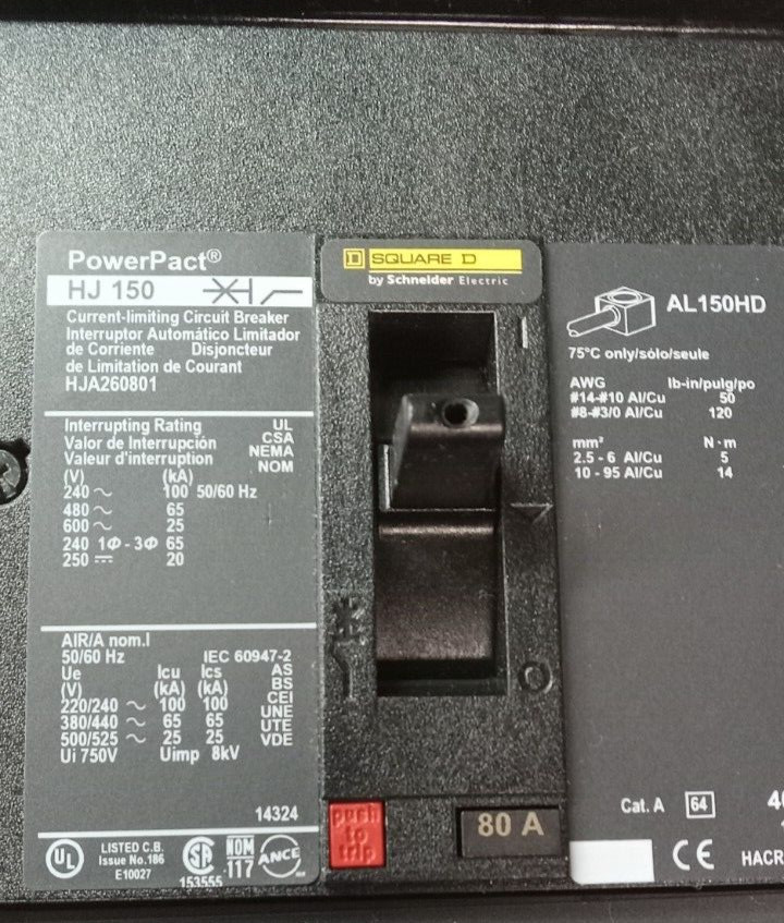 New Square D 80 Amp I-Line Circuit Breaker 2 Pole 600 VAC 250 VDC HJA260801