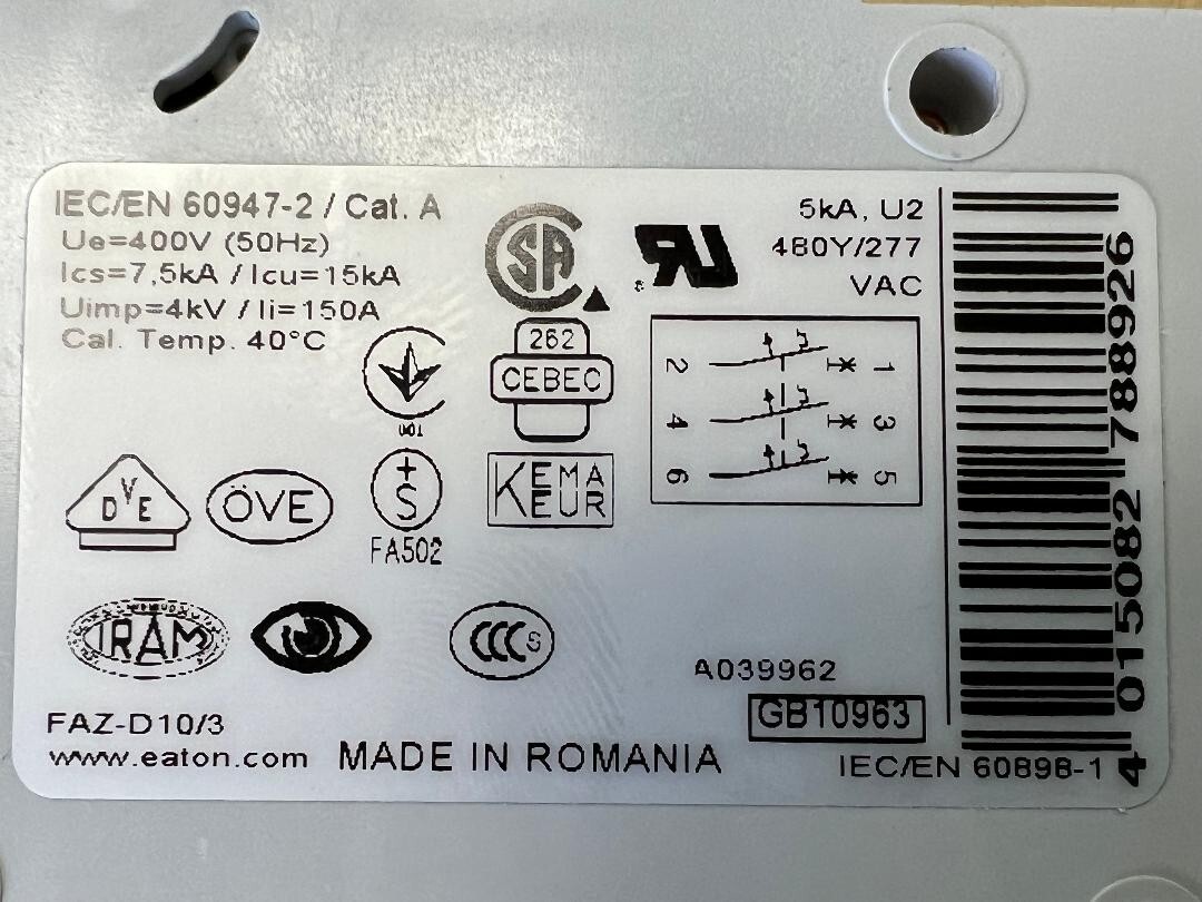 EATON CIRCUIT BREAKER FAZ-D10/3 XEFFECT IEC/EN 60947-2 CAT. A