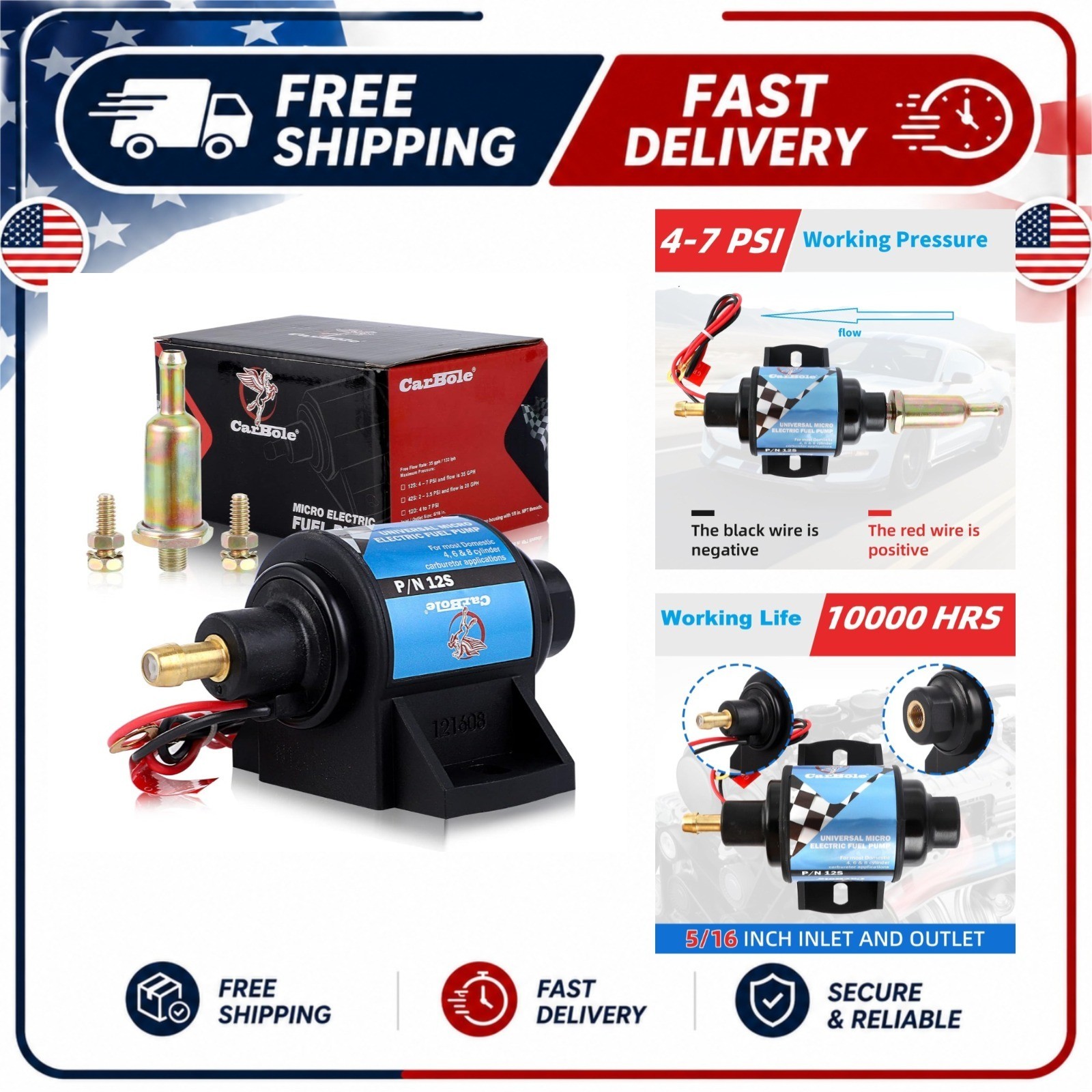 CarBole 12V Electric Fuel Transfer Pump 35 GPH 4-7 PSI Gasoline Diesel