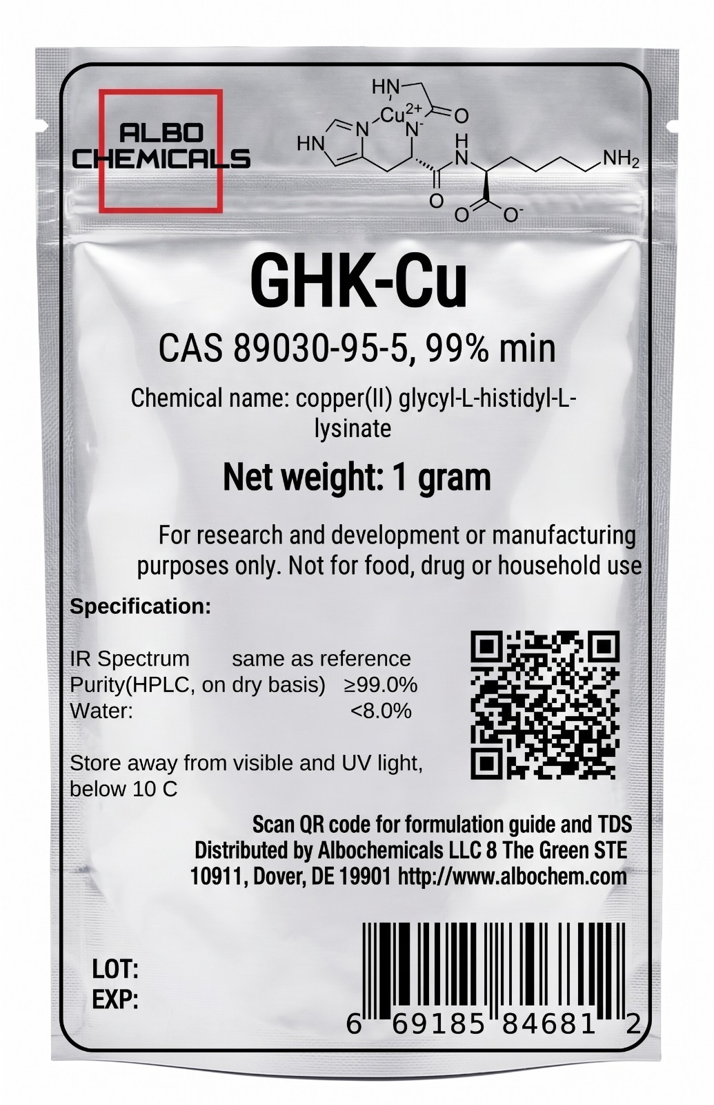 Copper Tripeptide-1 Powder, CAS: 89030-95-5, 1 gram